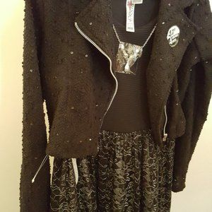 Girls Dress With Lace Skirt, Black Sequin Moto Jacket, Necklace, Belt